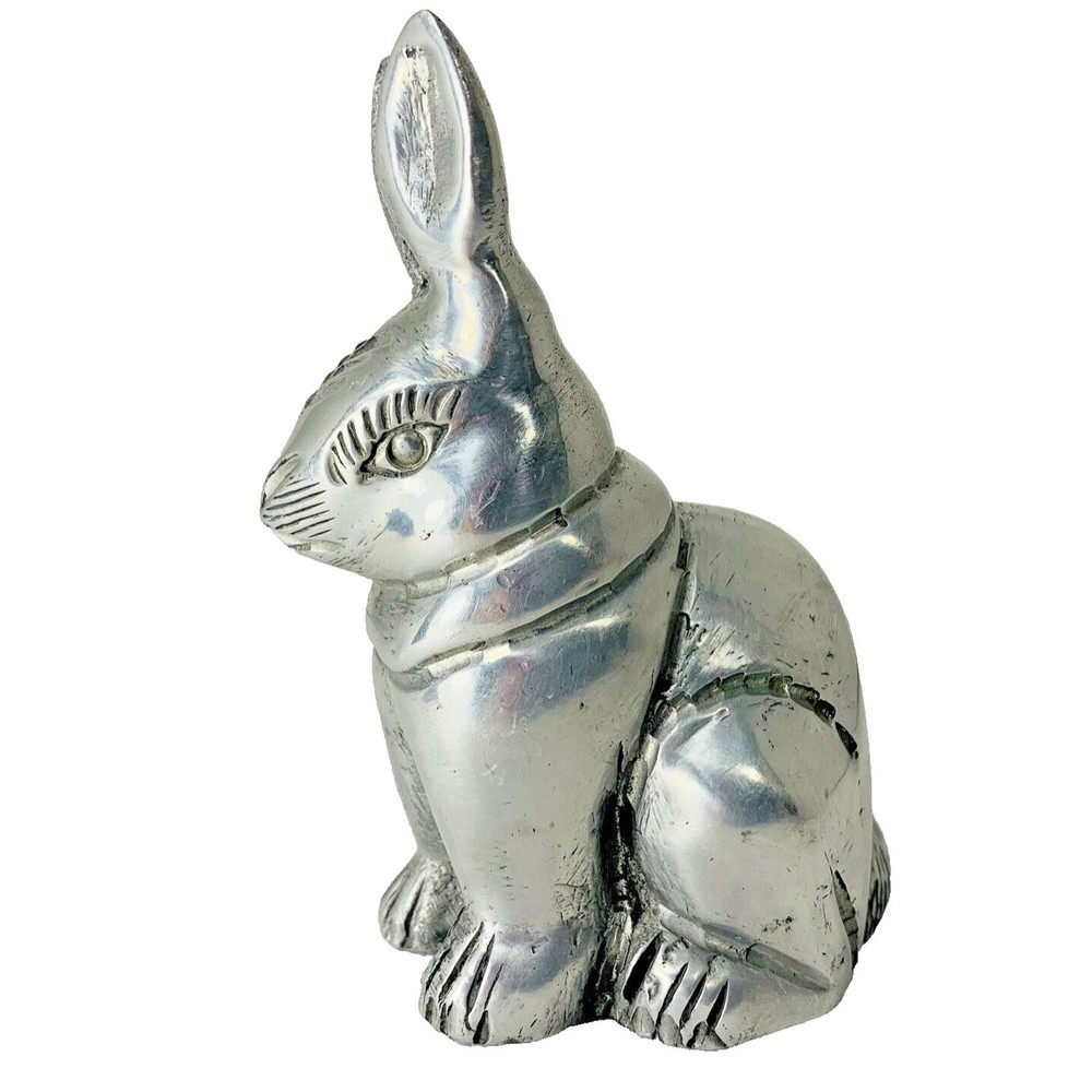 Vintage Pewter Bunny Rabbit Figurine Easter Silver Tone Heavy 4" tall